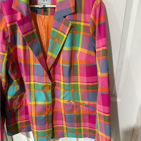 Isaac Mizrahi Pink and Orange Blazer with Bold Plaid Design - Picture 3 of 6